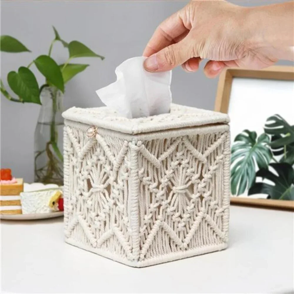 Square macrame tissue box cover woven boho tissue holder decorative home bathroo